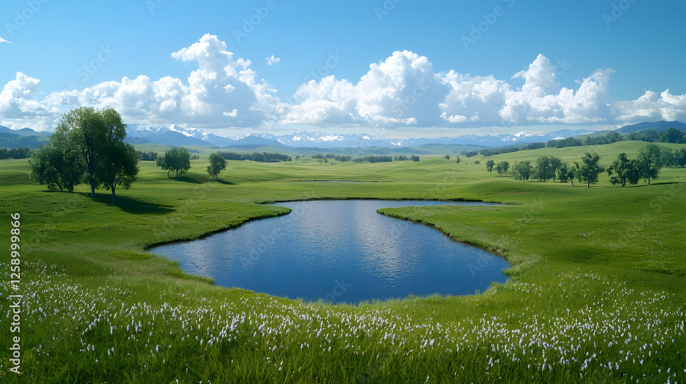 Serene lake in idyllic green valley, mountains backdrop, peaceful landscape Serene lake in idyllic green valley, mountains backdrop, peaceful landscape