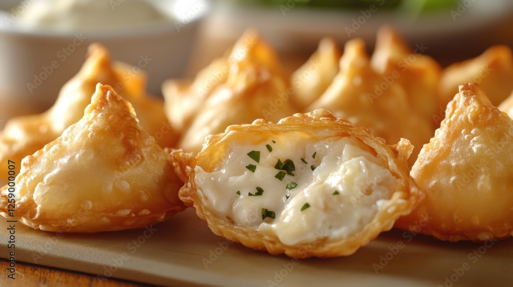 Crispy fried dumplings filled with creamy cheese and herbs