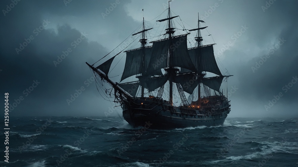 Majestic Sailing Ship Navigating Stormy Seas Under a Cloudy Night Sky With Bats Flying Above Majestic Sailing Ship Navigating Stormy Seas Under a Cloudy Night Sky With Bats Flying Above