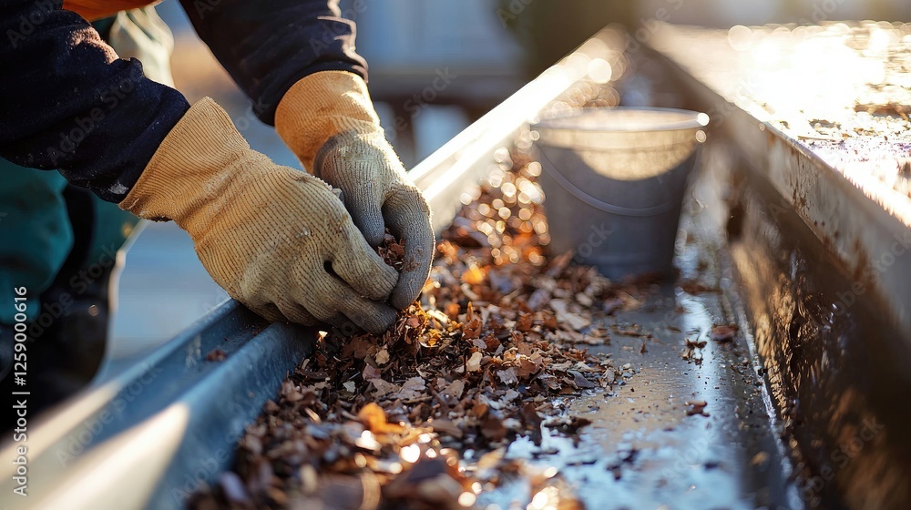 Skilled Worker Carefully Collecting Wood Shavings in Daylight Skilled Worker Carefully Collecting Wood Shavings in Daylight