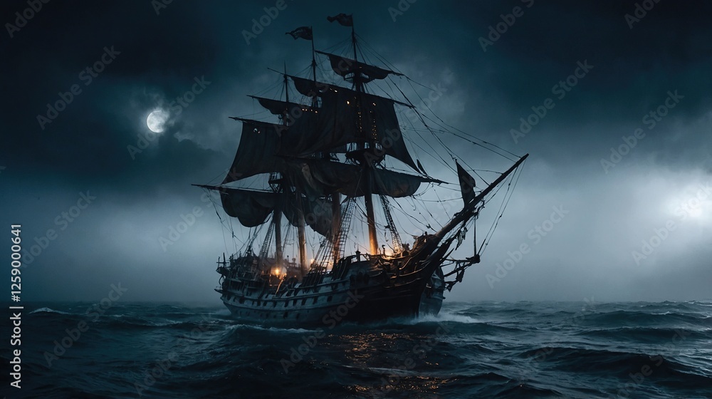 Obraz premium Majestic Sailing Ship Navigating Stormy Seas Under a Cloudy Night Sky With Bats Flying Above
