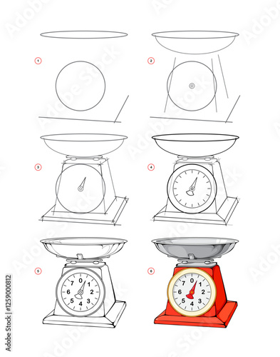 Page shows how to learn to draw step by step toy scales. Developing children skills for drawing and coloring. Printable worksheet for kids school exercise book. Flat vector illustration.