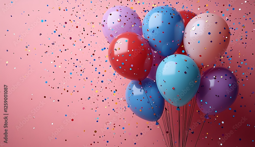 Vibrant Multicolored Balloons with Confetti Against a Pink Background
Vibrant Multicolored Balloons with Confetti Against a Pink Background