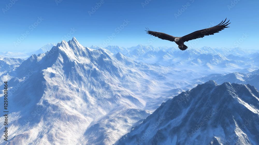 Naklejka premium Eagle in majestic flight over rugged mountains, symbolizing freedom and awe‑inspiring natural power with grace