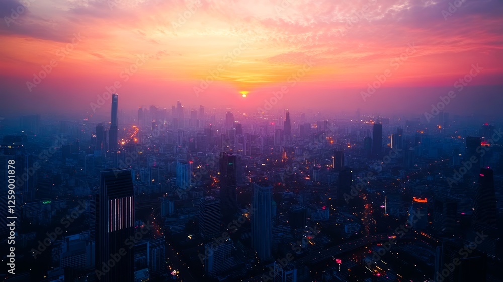 Fototapeta premium Bright sunset over the city with a skyscrapers.