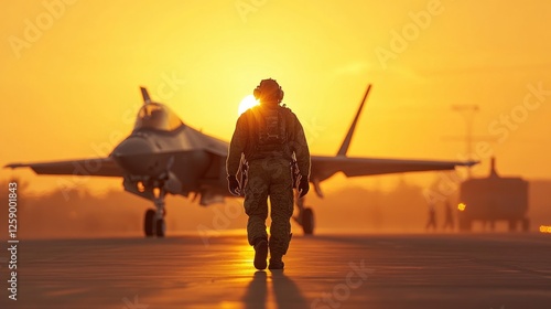 Silhouette of military pilot walking towards fighter jet at sunset on airbase runway