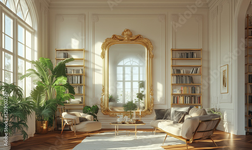 Grand vintage gold-framed mirror centrally displayed, evoking timeless elegance and unmistakable classic decorative charm indoors