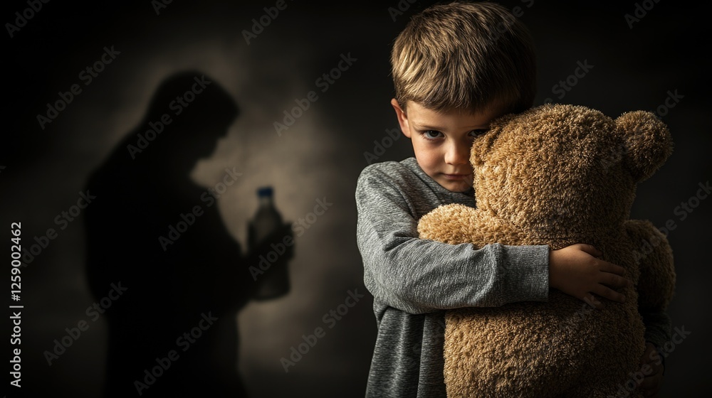 Caucasian child holding teddy bear with shadow of man holding bottle Caucasian child holding teddy bear with shadow of man holding bottle