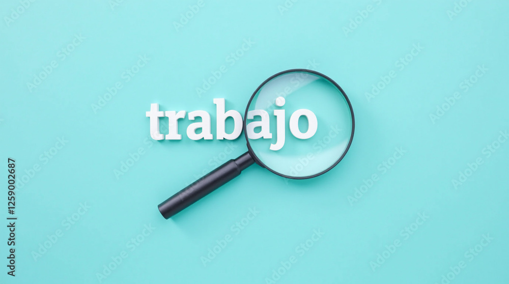 'trabajo' con una lupa flotando sobre ella, sobre un fondo azul claro 'trabajo' con una lupa flotando sobre ella, sobre un fondo azul claro