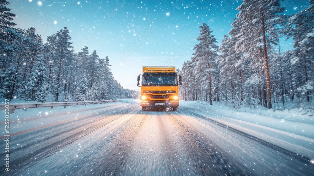 Obraz premium Yellow snowplow truck clearing icy winter road amidst snowfall in pine forest landscape