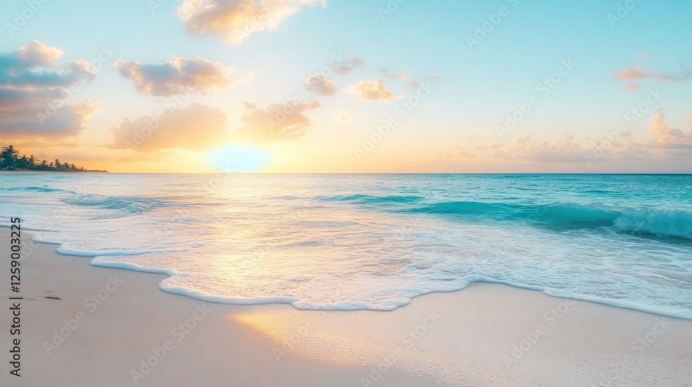 Serene Sunset Over Tropical Beach Waves Serene Sunset Over Tropical Beach Waves