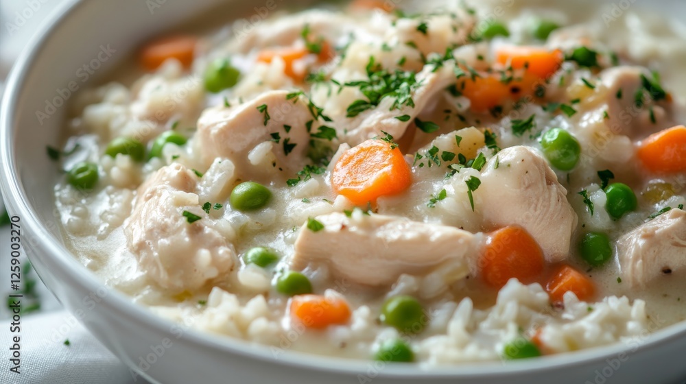 Close-up of rice with comforting chicken pot pie filling. Featuring chicken, carrots, and peas in a creamy sauce, served over rice. Emphasizing a classic, comforting dish. Ideal for pot pie recipes. Close-up of rice with comforting chicken pot pie filling. Featuring chicken, carrots, and peas in a creamy sauce, served over rice. Emphasizing a classic, comforting dish. Ideal for pot pie recipes.