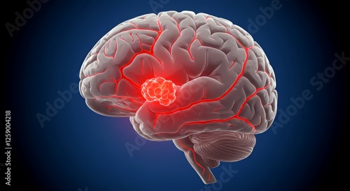 Conceptual medical 3D illustration of a brain tumor (glioblastoma) highlighted within a brain. Emphasizes the tumor's location and impact on surrounding brain structures and blood vessels.