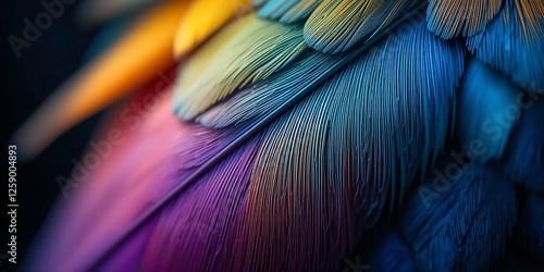 wide macro closeup background image of beautiful smooth finished natural macaw parrot feather texture with colorful and vibrant colour tones   