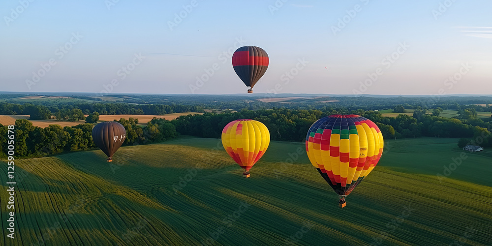 Fototapeta premium Hot Air Balloons Floating Above Scenic Rolling Hills