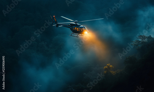 Search-and-rescue helicopter flying at dawn, its piercing spotlight illuminating terrain during critical emergency response missions photo