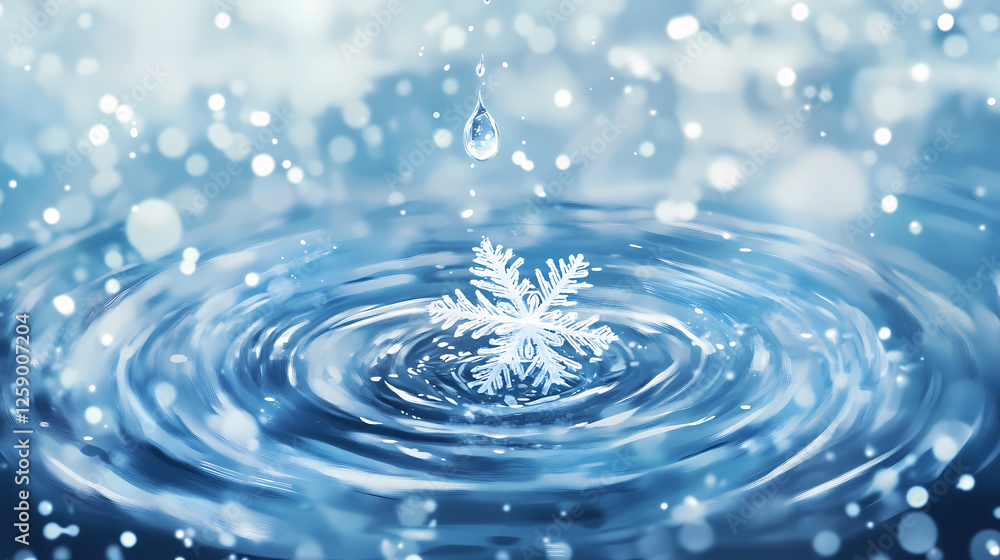 A raindrop landing on a snowflake, momentarily stopping its movement before it melts into the surrounding cold air, ice, water. Molten Rain. Illustration A raindrop landing on a snowflake, momentarily stopping its movement before it melts into the surrounding cold air, ice, water. Molten Rain. Illustration
