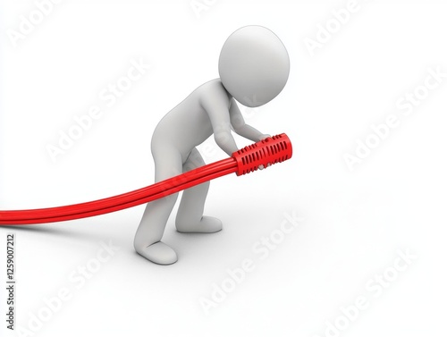 3D figure pulling red network cable on white background photo