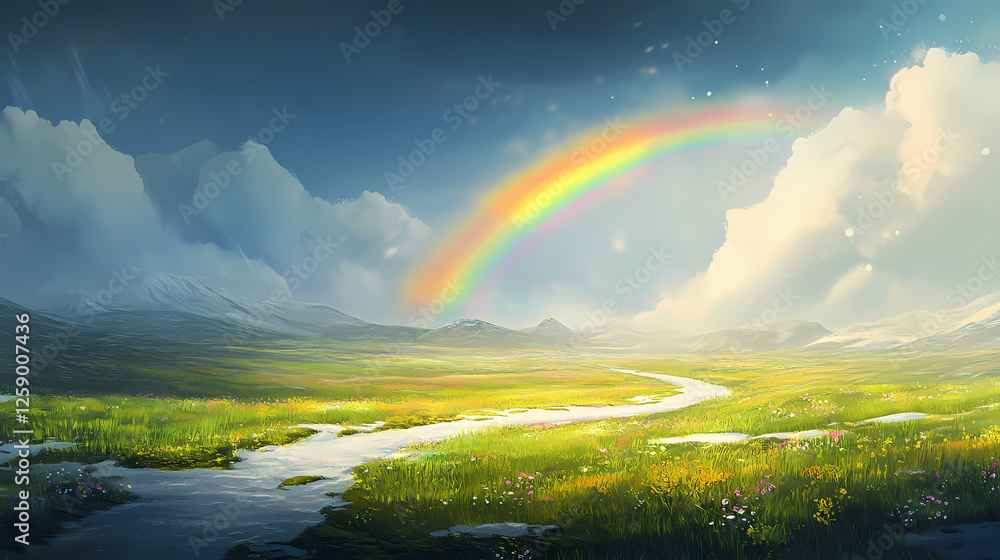 Naklejka premium A soft spring rainbow appearing over a field with patches of melting snow and fresh green grass. Molten Rain. Illustration