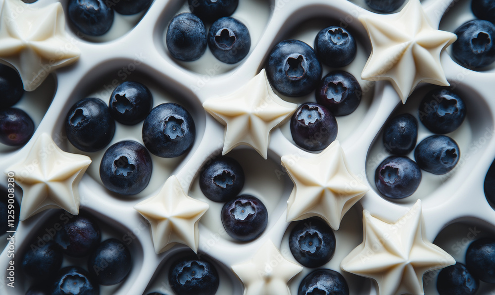 White chocolate-dipped blueberries in star-shaped trays, offering a luxurious treat for festive occasions and gifting White chocolate-dipped blueberries in star-shaped trays, offering a luxurious treat for festive occasions and gifting