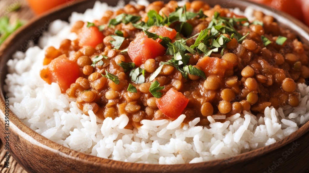 Close-up of rice with hearty lentil stew and diced tomatoes. Featuring rich lentil stew with fresh tomatoes. Emphasizing a nutritious, filling vegetarian meal. Close-up of rice with hearty lentil stew and diced tomatoes. Featuring rich lentil stew with fresh tomatoes. Emphasizing a nutritious, filling vegetarian meal.