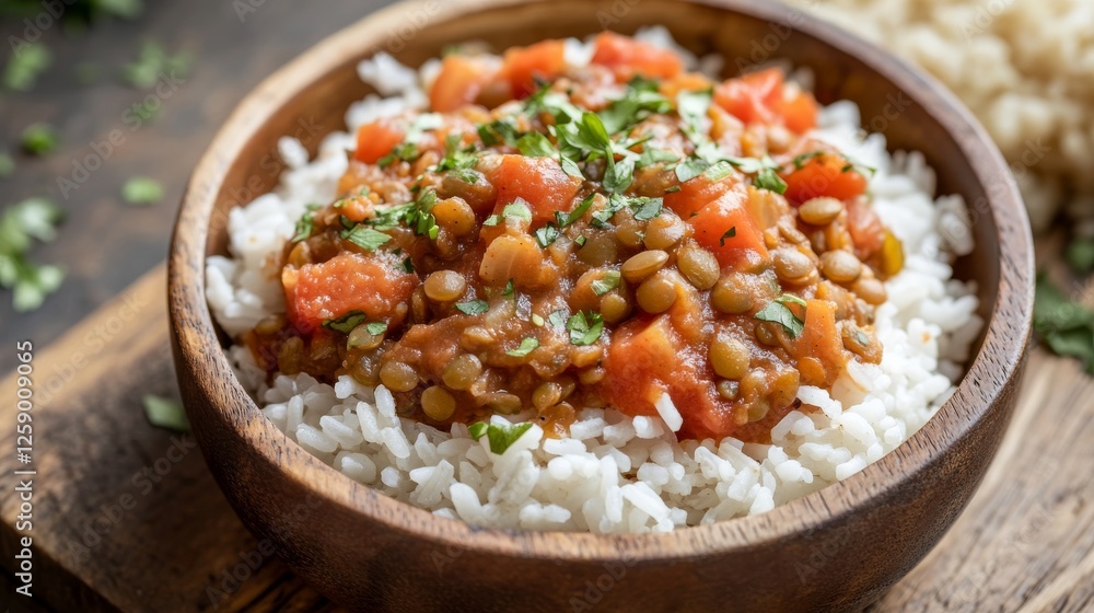 Close-up of rice with hearty lentil stew and diced tomatoes. Featuring rich lentil stew with fresh tomatoes. Emphasizing a nutritious, filling vegetarian meal. Close-up of rice with hearty lentil stew and diced tomatoes. Featuring rich lentil stew with fresh tomatoes. Emphasizing a nutritious, filling vegetarian meal.