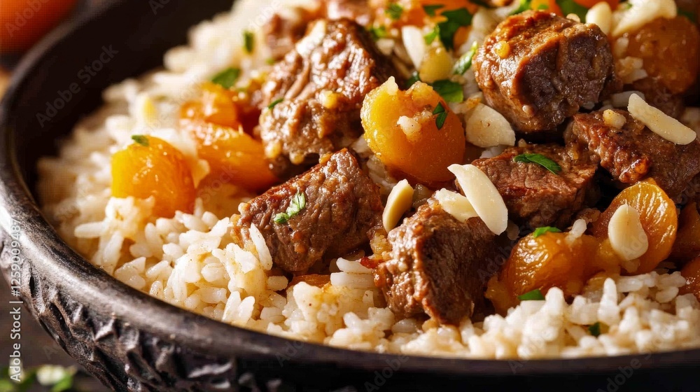 Close-up of rice with aromatic Moroccan lamb tagine. Featuring tender lamb with apricots, almonds, and spices, served over rice. Emphasizing a rich, flavorful dish. Ideal for Moroccan recipes. Close-up of rice with aromatic Moroccan lamb tagine. Featuring tender lamb with apricots, almonds, and spices, served over rice. Emphasizing a rich, flavorful dish. Ideal for Moroccan recipes.