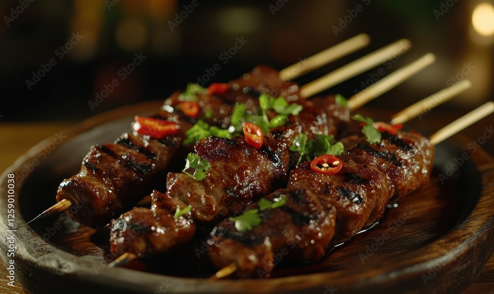 Grilled meat skewers on a rustic wooden plate, charred textures and vibrant garnishes making it an irresistible culinary delight Grilled meat skewers on a rustic wooden plate, charred textures and vibrant garnishes making it an irresistible culinary delight