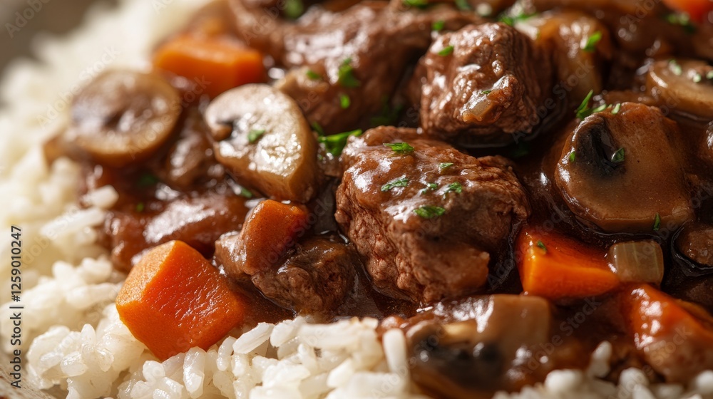 Close-up of rice with hearty beef bourguignon. Featuring beef stew in red wine with mushrooms and carrots, served over rice. Emphasizing a rich, comforting dish. Ideal for beef bourguignon recipes. Close-up of rice with hearty beef bourguignon. Featuring beef stew in red wine with mushrooms and carrots, served over rice. Emphasizing a rich, comforting dish. Ideal for beef bourguignon recipes.