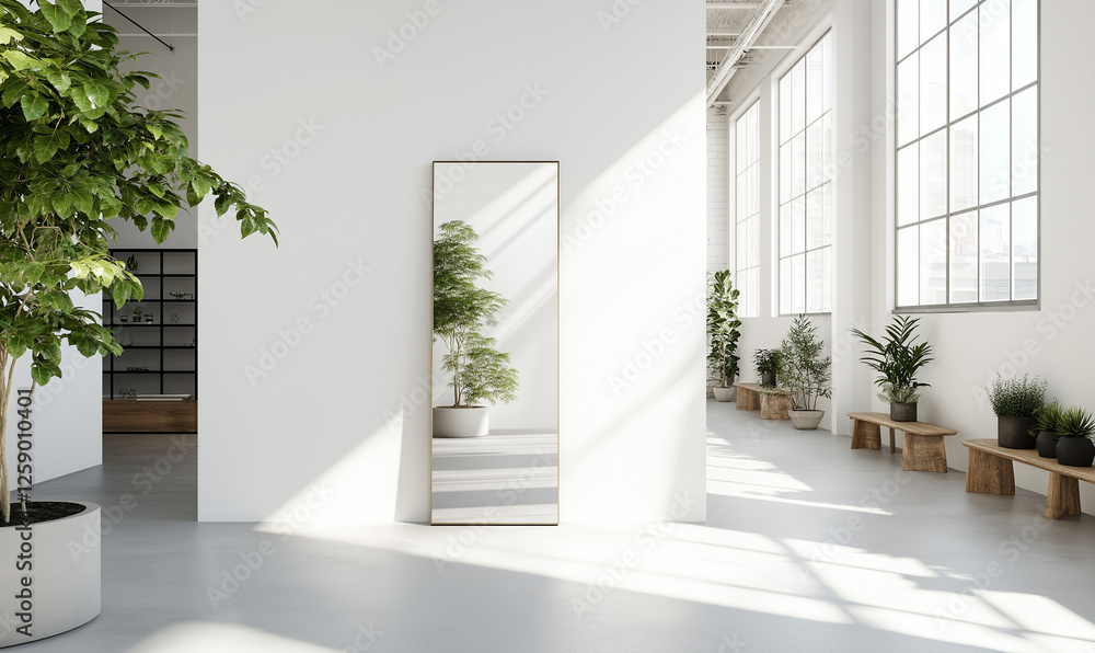 Fototapeta premium Stunning modern mirror with a slim titanium frame reflects contemporary design and sleek, minimalist elegance.