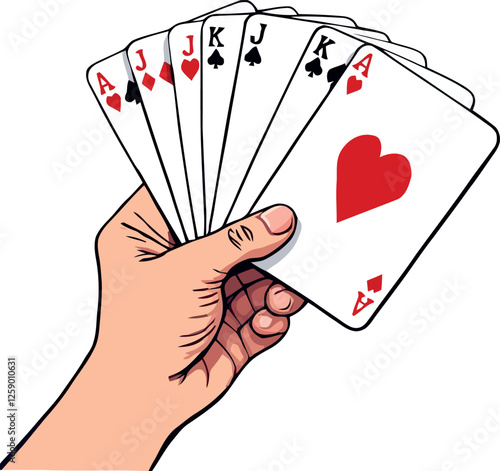 Vsai gambler holding royal flush playing cards in hand