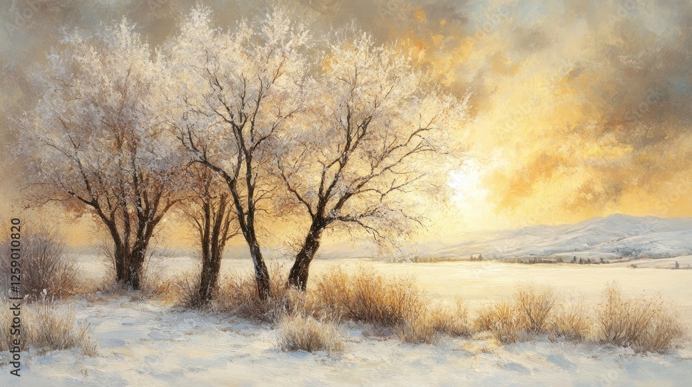 Frosty Winter Trees Sunset Landscape Scene Frosty Winter Trees Sunset Landscape Scene