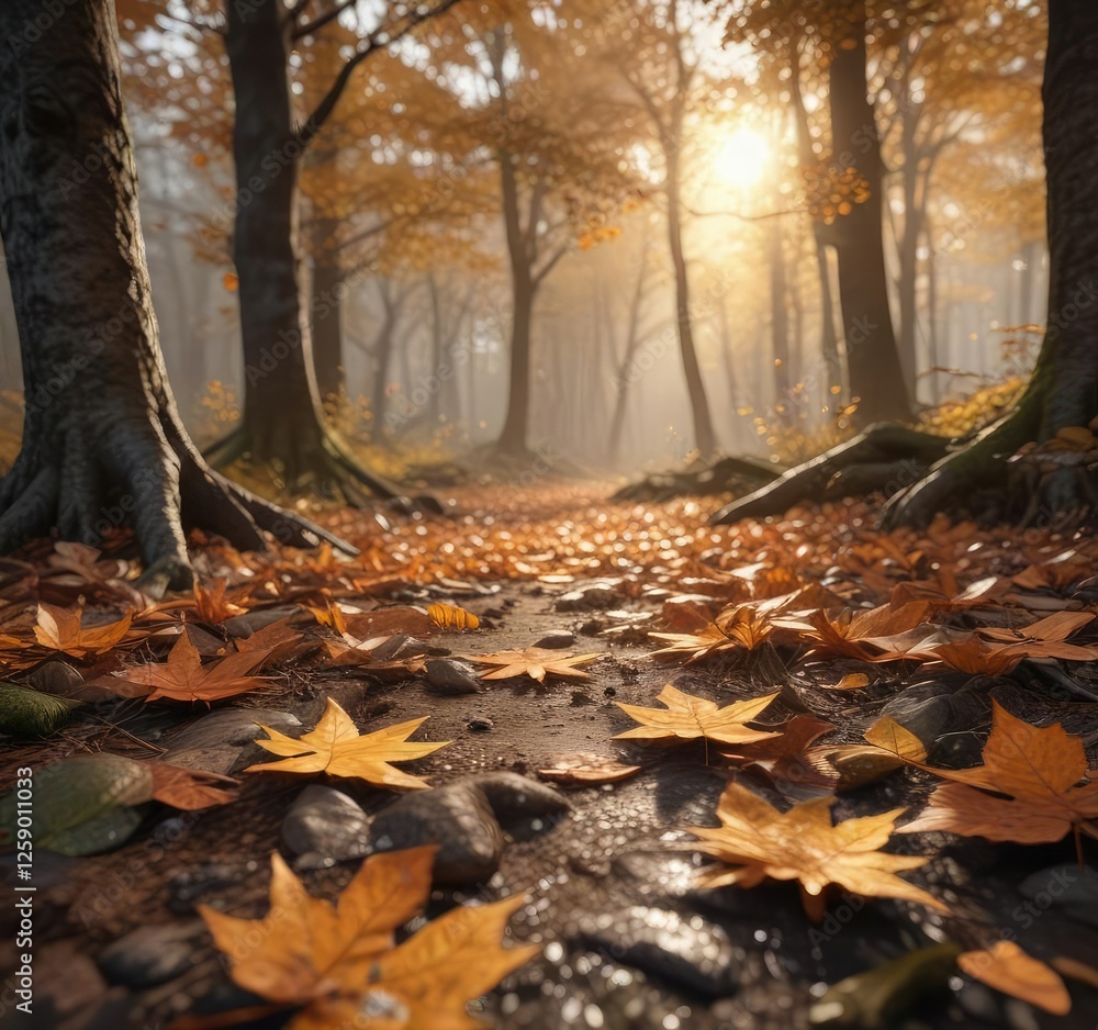 Fallen leaves scattered on a forest floor with a soft, warm glow, leaf litter, delicate sparkle Fallen leaves scattered on a forest floor with a soft, warm glow, leaf litter, delicate sparkle