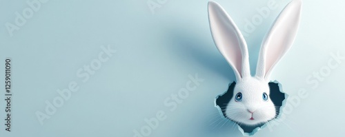 White rabbit peeking hole pastel background Easter photo