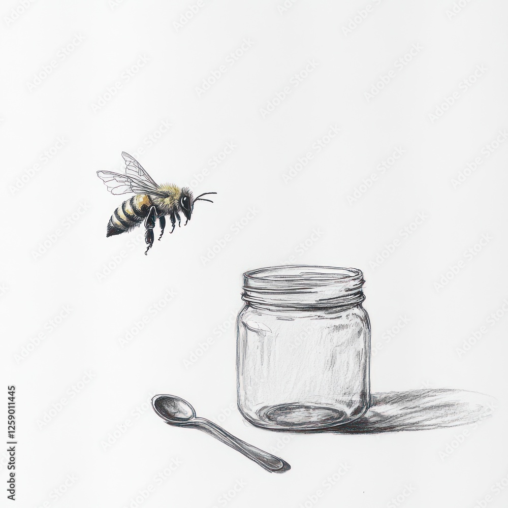 Honeybee Flying Towards Empty Glass Jar, Still Life Honeybee Flying Towards Empty Glass Jar, Still Life