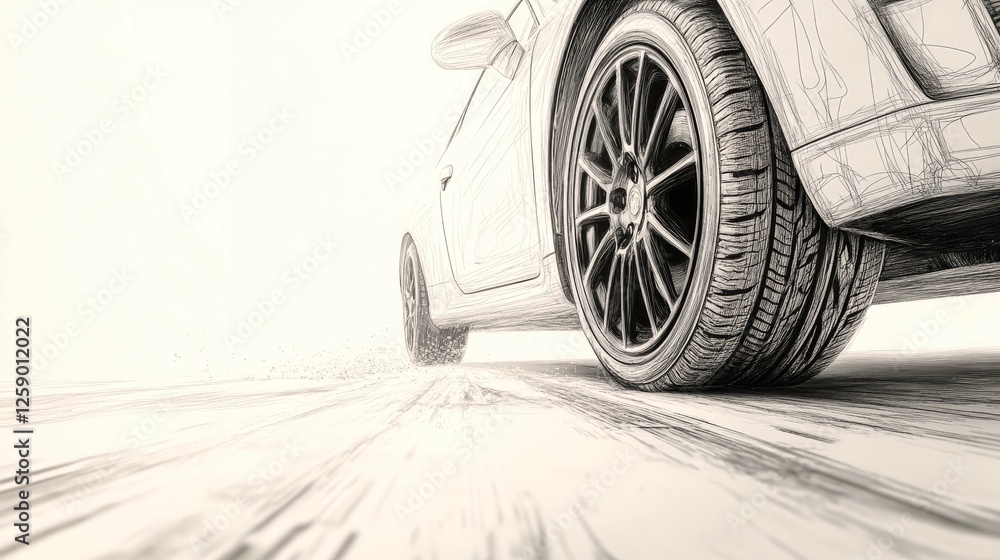 Fototapeta premium Tire rolling into view with minimalistic car outline in clean white background