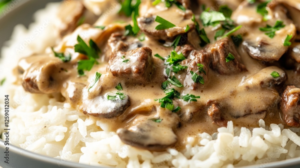 Close-up of rice with savory beef stroganoff. Featuring tender beef in mushroom sauce, served over rice. Emphasizing a hearty, savory dish. Ideal for beef stroganoff recipes. Close-up of rice with savory beef stroganoff. Featuring tender beef in mushroom sauce, served over rice. Emphasizing a hearty, savory dish. Ideal for beef stroganoff recipes.