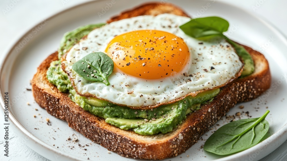 Delicious avocado toast topped with sunny-side-up egg for a cheerful breakfast treat Delicious avocado toast topped with sunny-side-up egg for a cheerful breakfast treat