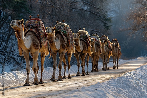 Wallpaper Mural Unique view of a camel caravan casting long shadows over golden sand dunes during the golden hour Torontodigital.ca
