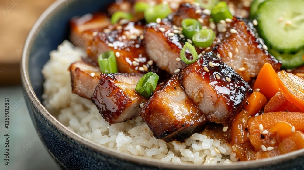 Close-up of rice with tangy BBQ pork belly. Featuring tender pork belly with BBQ sauce, served over rice with pickled vegetables. Emphasizing a flavorful, savory dish. Ideal for BBQ recipes. Close-up of rice with tangy BBQ pork belly. Featuring tender pork belly with BBQ sauce, served over rice with pickled vegetables. Emphasizing a flavorful, savory dish. Ideal for BBQ recipes.