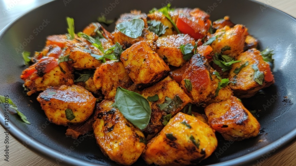 Spicy pan-fried cheese cubes with tomatoes and basil. Spicy pan-fried cheese cubes with tomatoes and basil.