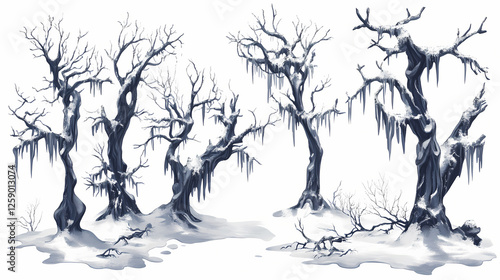 Rain-soaked snow-covered trees with melting ice and wet branches, frosty, trees. Molten Rain. Illustration