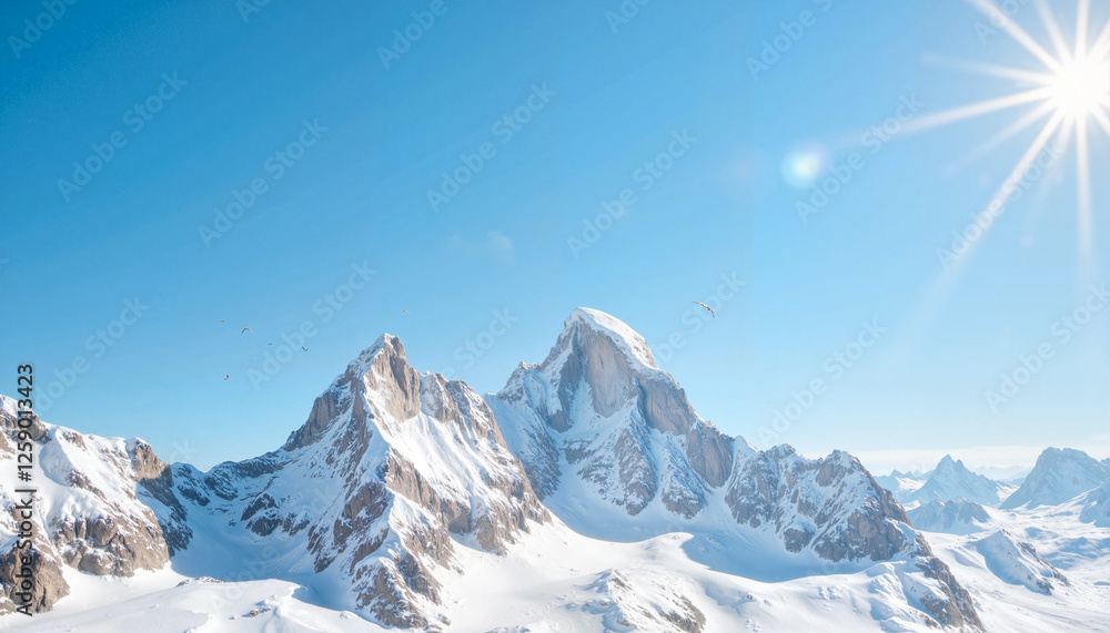 Obraz premium Aerial view of snow-capped mountains under bright sunshine, nature's grandeur