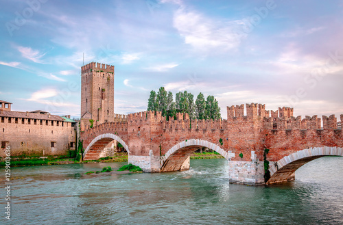 Castel Vecchio Bridge, a medieval fortified bridge that spans river Adige in Verona, Veneto, Italy.