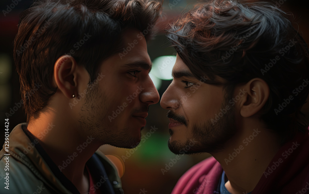 Naklejka premium Two guys standing very close to each other, looking into each other's eyes