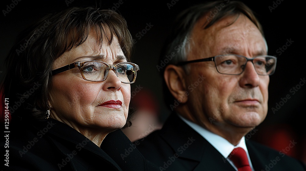 Serious Couple at Event, Attentive Faces, Dark Background, News Image Serious Couple at Event, Attentive Faces, Dark Background, News Image