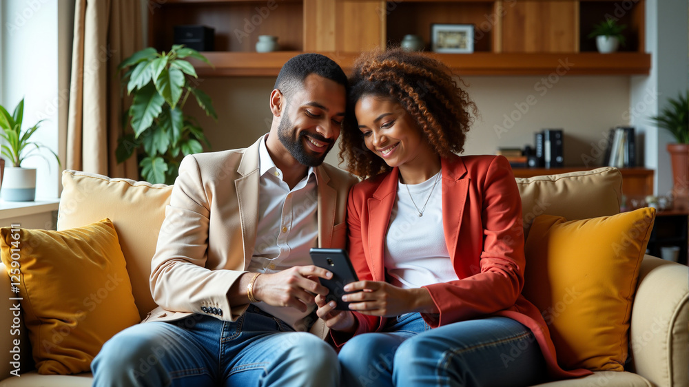 Obraz premium Happy African american couple relaxing together on couch with smartphone at home
