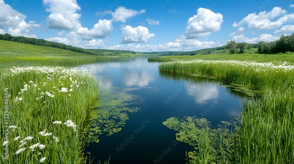 Calm river landscape, summer day, green meadows, white flowers Calm river landscape, summer day, green meadows, white flowers