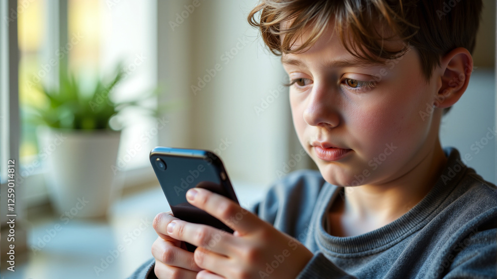 Child engaged with mobile phone at home near window with natural light Child engaged with mobile phone at home near window with natural light
