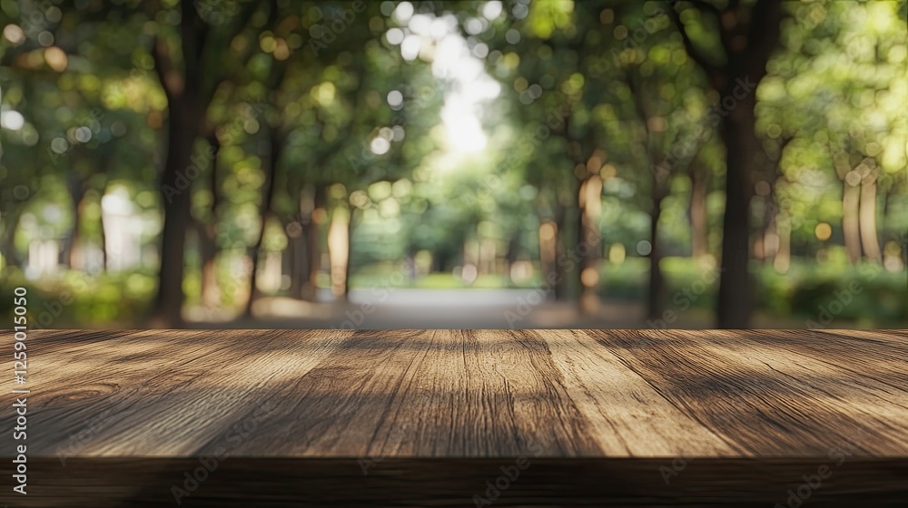 A wooden table surface with a blurred spring/summer backdrop featuring bokeh A wooden table surface with a blurred spring/summer backdrop featuring bokeh